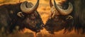 Two African Cape Buffalo locking horns Generative AI