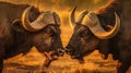 Two African Cape Buffalo locking horns Generative AI