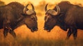 Two African Cape Buffalo locking horns Generative AI