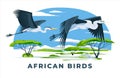 Two African herons flying over the savannah landscape.