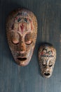 Two african masks on a wooden wall background. Closeup Royalty Free Stock Photo