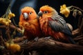 Two agaporni chicks in orange and gray tones on a tree branch Royalty Free Stock Photo