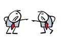 Two aggressive businessmen, colleagues or partners point at each other, swear, accuse. Vector illustration of quarrel between