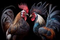 two aggressive fighting roosters in preparation for cockfights