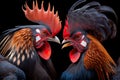 two aggressive fighting roosters in preparation for cockfights