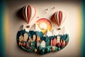 two air balloons fly across mountains and housing. the symbol of love in the form of a hot air balloon. Generative AI Royalty Free Stock Photo