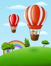 Two air balloons flying with happy kids Royalty Free Stock Photo