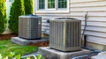 Two air conditioners sit outside a house