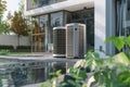 Two air conditioning units situated on the exterior wall of a building Royalty Free Stock Photo