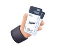 Two air flight tickets, boarding passes in hand, 3D illustration. Tourist, passenger holding checkin papers for airline
