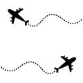 Two air plane icon set. Black silhouette shape. Airplane flying. Zigzag dash line loop in the sky. Travel trace. Love romantic Royalty Free Stock Photo