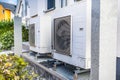 Two air source heat pumps installed outside of modern family house, green renewable energy concept of heat pump Royalty Free Stock Photo