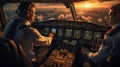 Two airplane pilots are working with their computer in a cockpit, in the style of panoramic scale Royalty Free Stock Photo