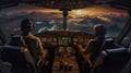 Two airplane pilots are working with their computer in a cockpit, in the style of panoramic scale Royalty Free Stock Photo