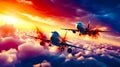 Two airplanes flying in the sky above the clouds with sunset in the background. Generative AI Royalty Free Stock Photo