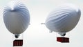 two airships or dirigible balloons are carrying containers