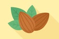 Two almonds with green leaves on yellow background Royalty Free Stock Photo