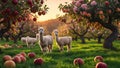 Adorable Alpacas in a Lush Apple Orchard at Sunset Royalty Free Stock Photo