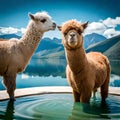 Two alpacas in a pool with mountain background