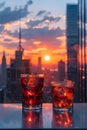 Two amber fluids in drinkware with ice against an orange skyline at sunset Royalty Free Stock Photo