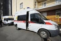 Two ambulance cars parked, building of the Department of infection diseases of the Aleksandrovskaya hospital