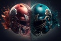 Two American football helmets crashing at each other. Generative ai illustration. Generative ai illustration. Royalty Free Stock Photo