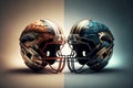 Two American football helmets crashing at each other. Generative ai illustration. Generative ai illustration. Royalty Free Stock Photo