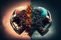 Two American football helmets crashing at each other. Generative ai illustration. Generative ai illustration. Royalty Free Stock Photo