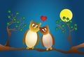 Two amorous owl sitting on a branch, at night.