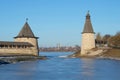 Two ancient towers of the Pskov Two ancient towers of the Pskov Kremlin on the place of confluence of Pskova and Velikaya rivers i