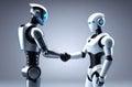 two android robots made of metal shake hands. artificial intelligence development, future technology