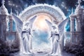 Two angels archangels with beautiful wings like guardian of heaven gate