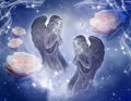 Two angels archangels with romantic roses and mystic starry background Royalty Free Stock Photo