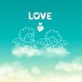 Two angels on a cloud love word and heart sunny sky background vector Royalty Free Stock Photo