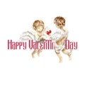 Two of angels give heart for together, cupids with happy valentine\'s day pink text on white background Royalty Free Stock Photo