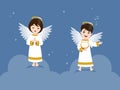 Two angels playing the harp and praying in the sky with stars. Vector illustration