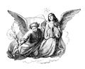 Two Angels Sitting on Cloud in Heaven. Bible, New testament. Vintage Antique Drawing