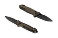 Two angled views of an open olive green tactical folding knife with a black blade, on white back Royalty Free Stock Photo