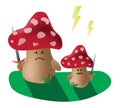 Two angry mushrooms. Lightning arrows. Grass Cartoon.