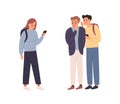 Two angry student guy spreading rumors and gossiping about girl classmate vector flat illustration. Female holding