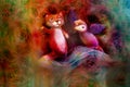 Two animal puppets, fox and violet bird, on abstract background with text space