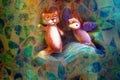 Two animal puppets, fox and violet bird, on abstract background with text space