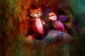 Two animal puppets, fox and violet bird, on abstract background with text space