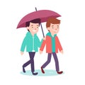 Two animated characters walking under purple umbrella, smiling friends sharing umbrella