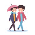 Two animated characters walking under purple umbrella, smiling friends sharing umbrella