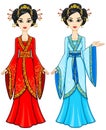 Two animation Asian girls in different poses in traditional clothes. Full growth.