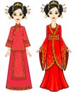 Two animation Asian girls in different poses in traditional clothes. Full growth.