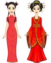 Two animation Asian girls in different poses in traditional clothes. Full growth.