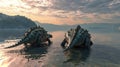 Two ankylosaurs wading through a secluded cove their armored bodies creating ripples in the calm tide Royalty Free Stock Photo