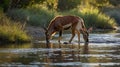Two Beautiful Red Hartebeest Antelopes Quietly Drinking Water in a River at Sunset Royalty Free Stock Photo